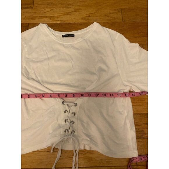Zara women's white short sleeve cropped shirt with laced up tied front size lrg - Picture 5 of 8